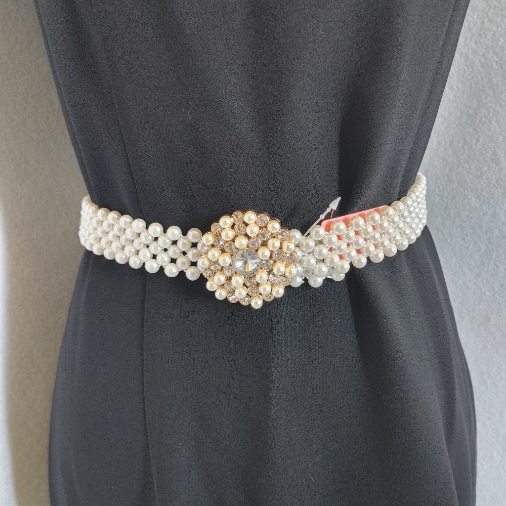 Adj Stretch Pearl Belt with Gold Crystal Buckle